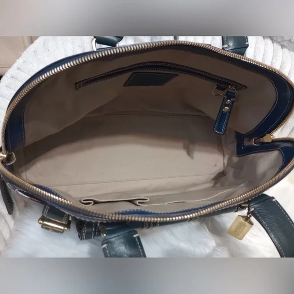 Coach Hamptons Blue Leather Satchel with Gold Accents